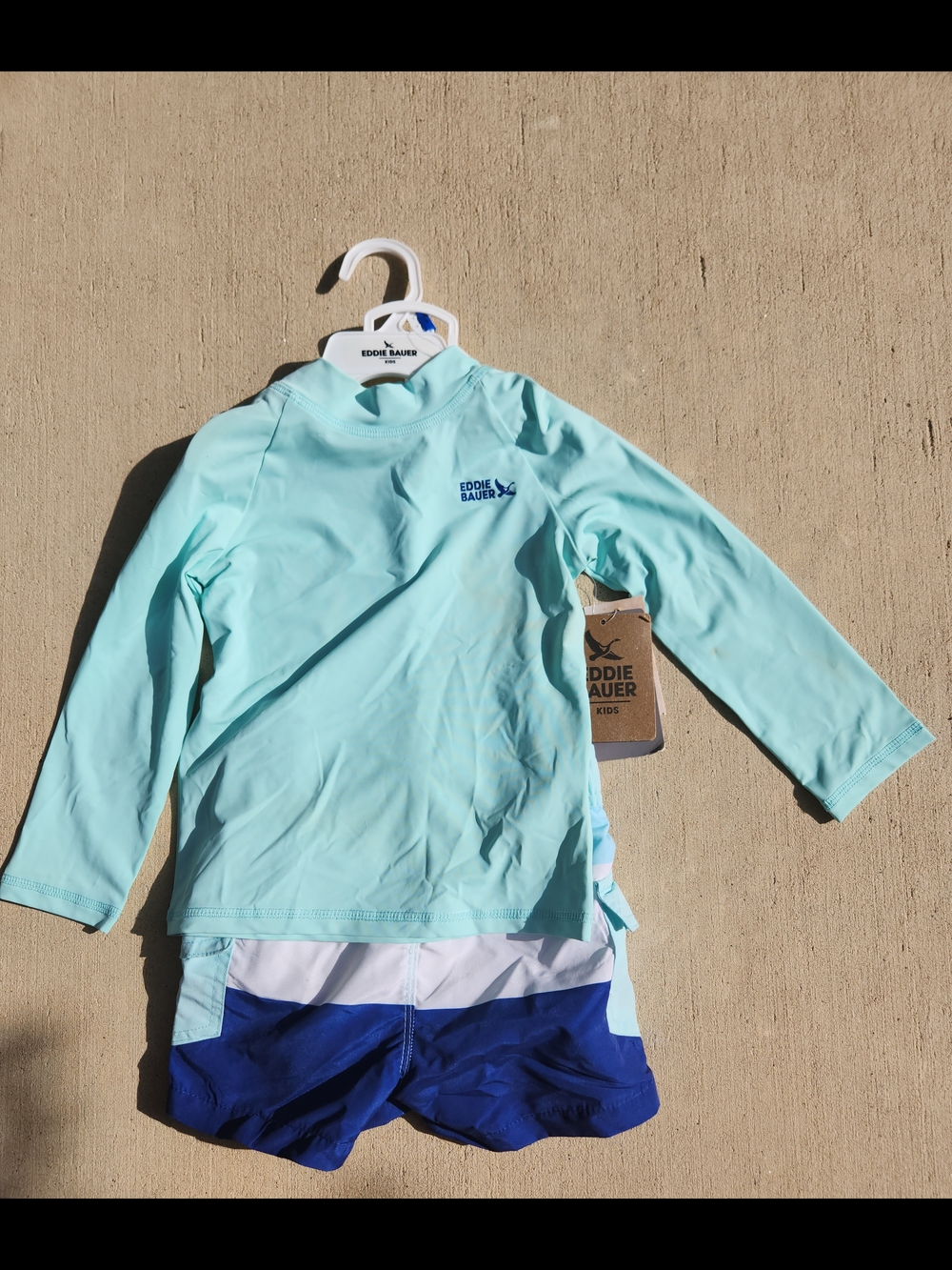 Eddie Bauer Kids Mint Long-Sleeve Rash Guard and Blue Swim Shorts